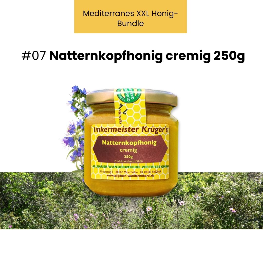 Mediterranes XXL Honig-Bundle mit 8 ausgewählten italienischen Honigen und GRATIS HERCULES Sport 250g von der Allgäuer Wanderimkerei, Natternkopfhonig cremig 500g