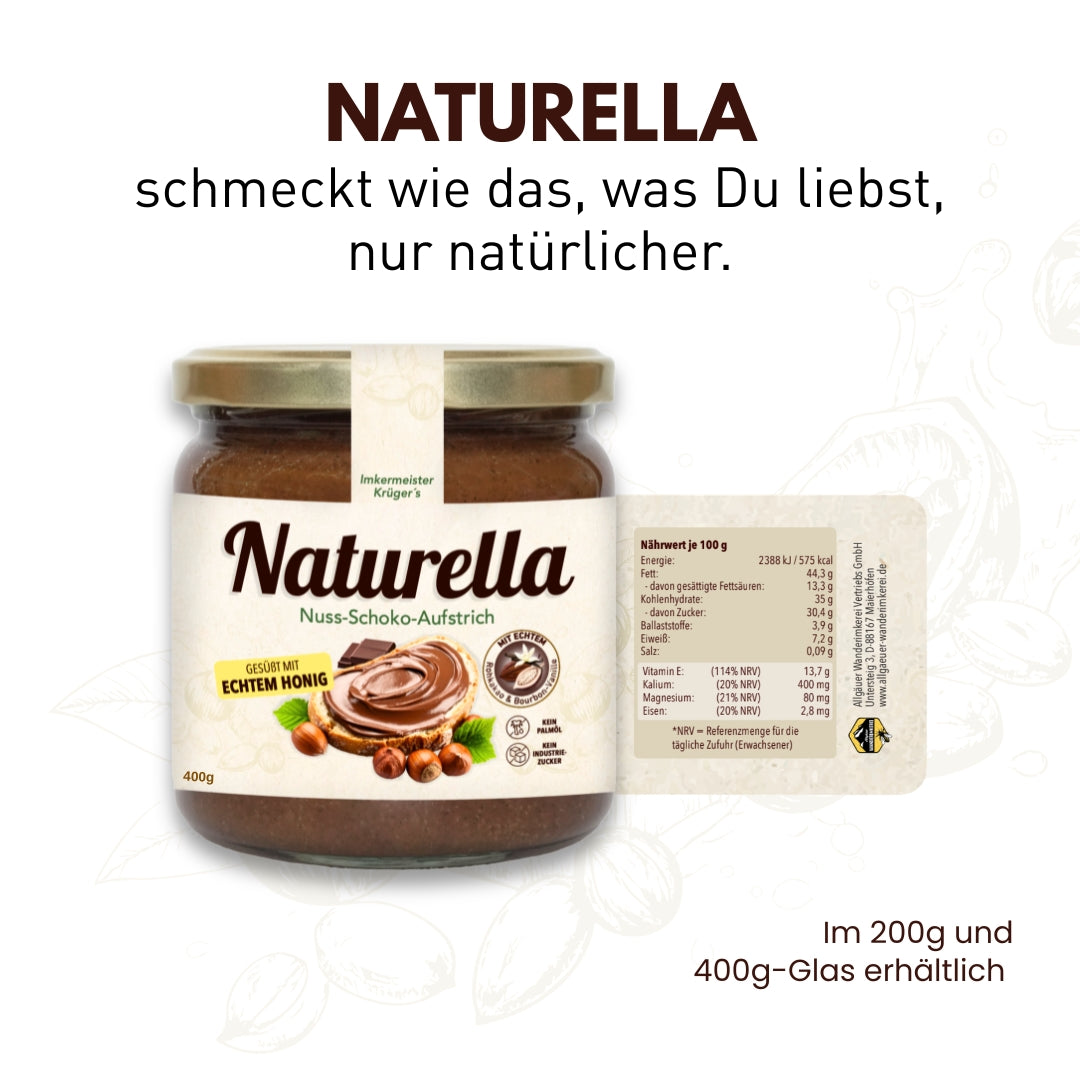 Naturella Nuss-Schoko-Aufstrich mit Imkerhonig gesüßt & echter Bourbon-Vanille verfeinert, Ohne Palmöl mit Honig gesüßt, Nährwerttabelle, Allgäuer Wanderimkerei