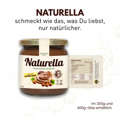 Naturella Nuss-Schoko-Aufstrich mit Imkerhonig gesüßt & echter Bourbon-Vanille verfeinert, Ohne Palmöl mit Honig gesüßt, Nährwerttabelle, Allgäuer Wanderimkerei