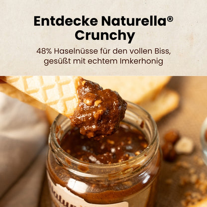 Naturbelassener Naturella Chrunchy Nuss-Schoko-Aufstrich mit echtem Imkerhonig gesüßt von der Allgäuer Wanderimkerei, entdecke Naturella Crunchy