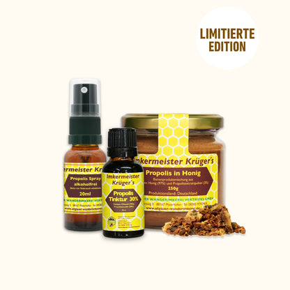 Propolis Starter-Set: 30% Propolis Tinktur 20ml, Propolis Spray alkoholfrei 20ml und Propolis in Honig 250g in einem Einsteiger-Set, direkt vom Imker, von der Allgäuer Wanderimkerei