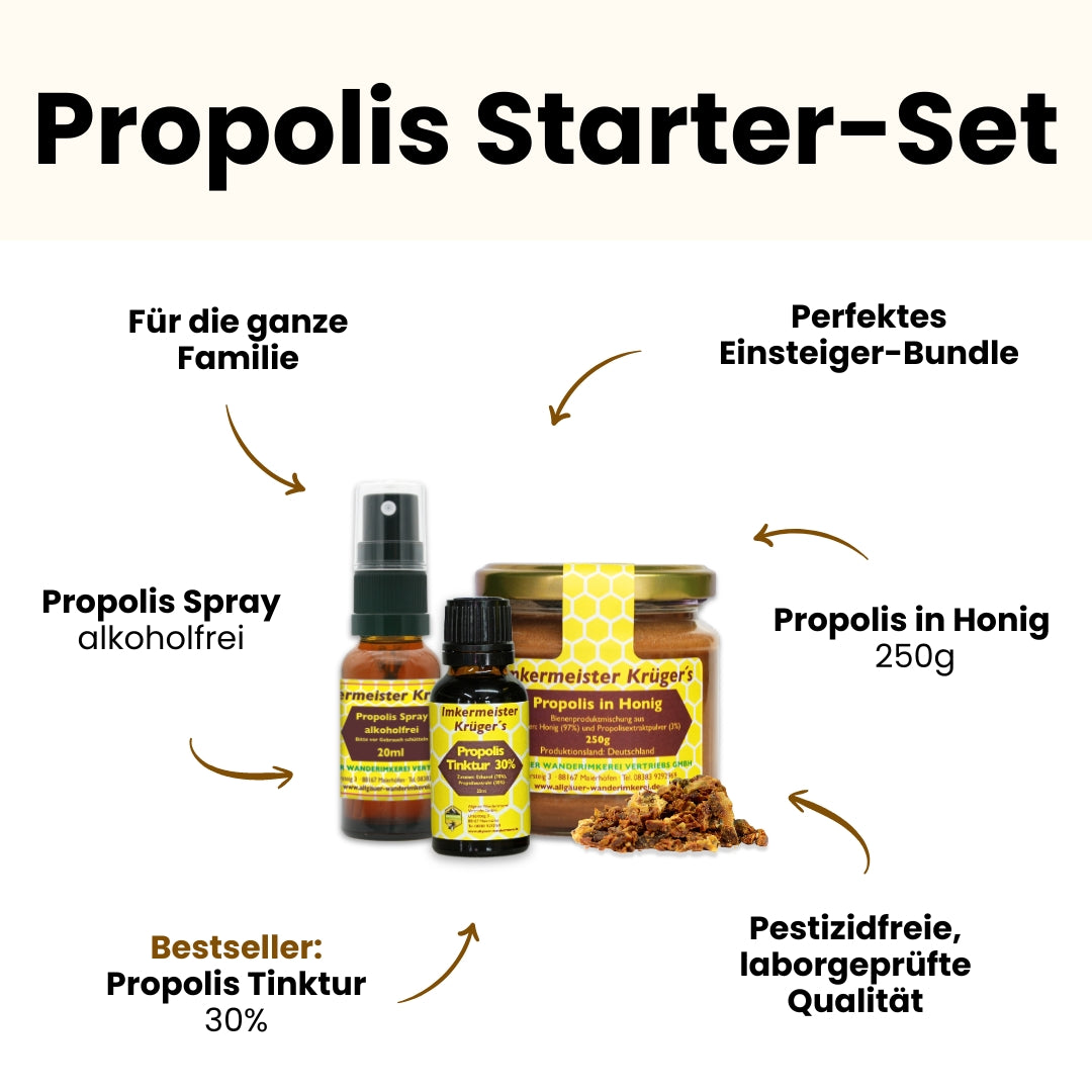 Propolis Starter-Set: 30% Propolis Tinktur 20ml, Propolis Spray alkoholfrei 20ml und Propolis in Honig 250g in einem Einsteiger-Set, direkt vom Imker, von der Allgäuer Wanderimkerei