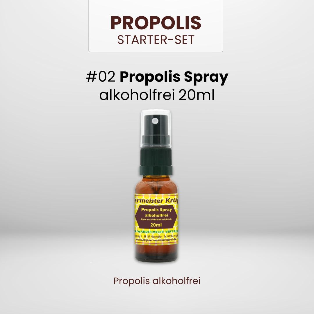 Propolis Starter-Set: 30% Propolis Tinktur 20ml, Propolis Spray alkoholfrei 20ml und Propolis in Honig 250g in einem Einsteiger-Set, direkt vom Imker, von der Allgäuer Wanderimkerei