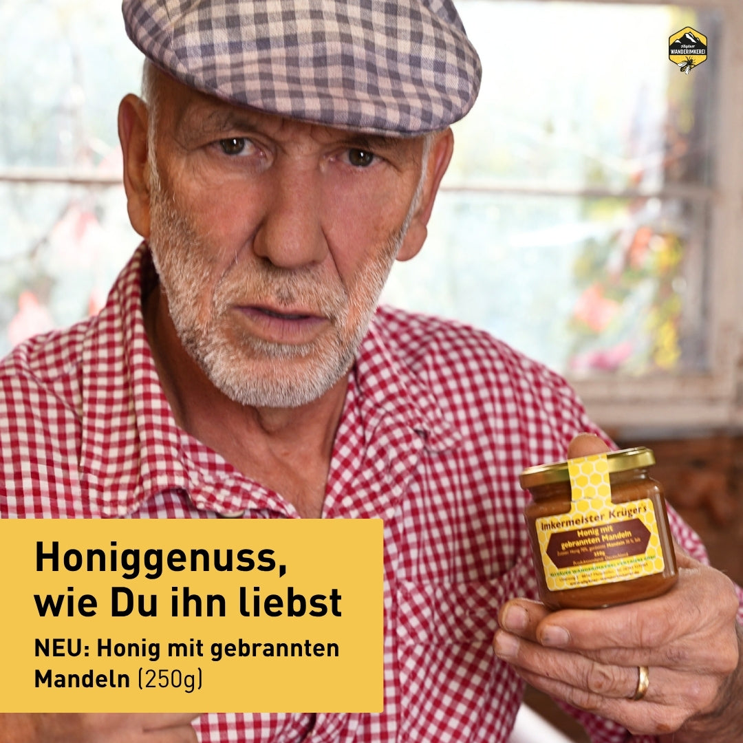 Leckerer Honig mit gebrannten Mandeln 250g von der Allgäuer Wanderimkerei