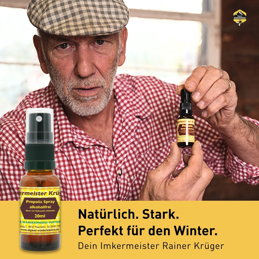 Imkermeister Rainer Krüger zeigt Propolis Spray alkoholfrei 20 ml