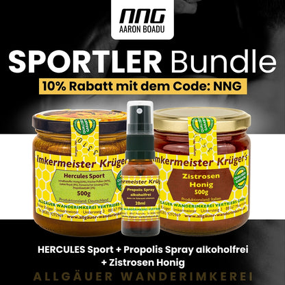 Sportler-Bundle: Hercules Sport 500g, Propolis Spray alkoholfrei 20ml und Zistrosen Honig 500g, Code NNG