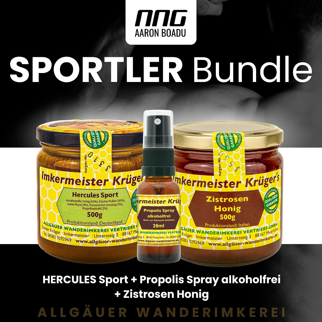 Sportler-Bundle: Hercules Sport 500g, Propolis-Spray alkoholfrei 20ml und Zistrosen Honig 500 g von der Allgäuer Wanderimkerei