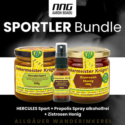 Sportler-Bundle: Hercules Sport 500g, Propolis-Spray alkoholfrei 20ml und Zistrosen Honig 500 g von der Allgäuer Wanderimkerei
