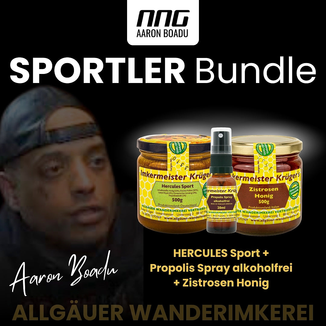 Sportler-Bundle: Hercules Sport 500g, Propolis-Spray alkoholfrei 20ml und Zistrosen Honig 500 g von der Allgäuer Wanderimkerei