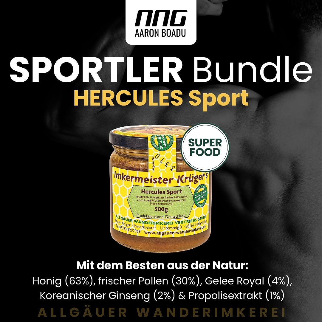Sportler-Bundle: Hercules Sport 500g von der Allgäuer Wanderimkerei mit Honig, frischen Pollen, Gelee Royal, koreanischem Ginseng und Propolis-Extrakt