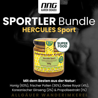 Sportler-Bundle: Hercules Sport 500g von der Allgäuer Wanderimkerei mit Honig, frischen Pollen, Gelee Royal, koreanischem Ginseng und Propolis-Extrakt