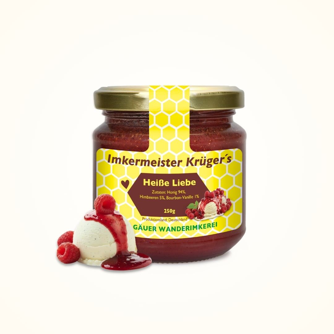 Heiße Liebe Honig mit Himbeeren und Bourbon-Vanille direkt vom Imker, 250g, Allgäuer Wanderimkerei