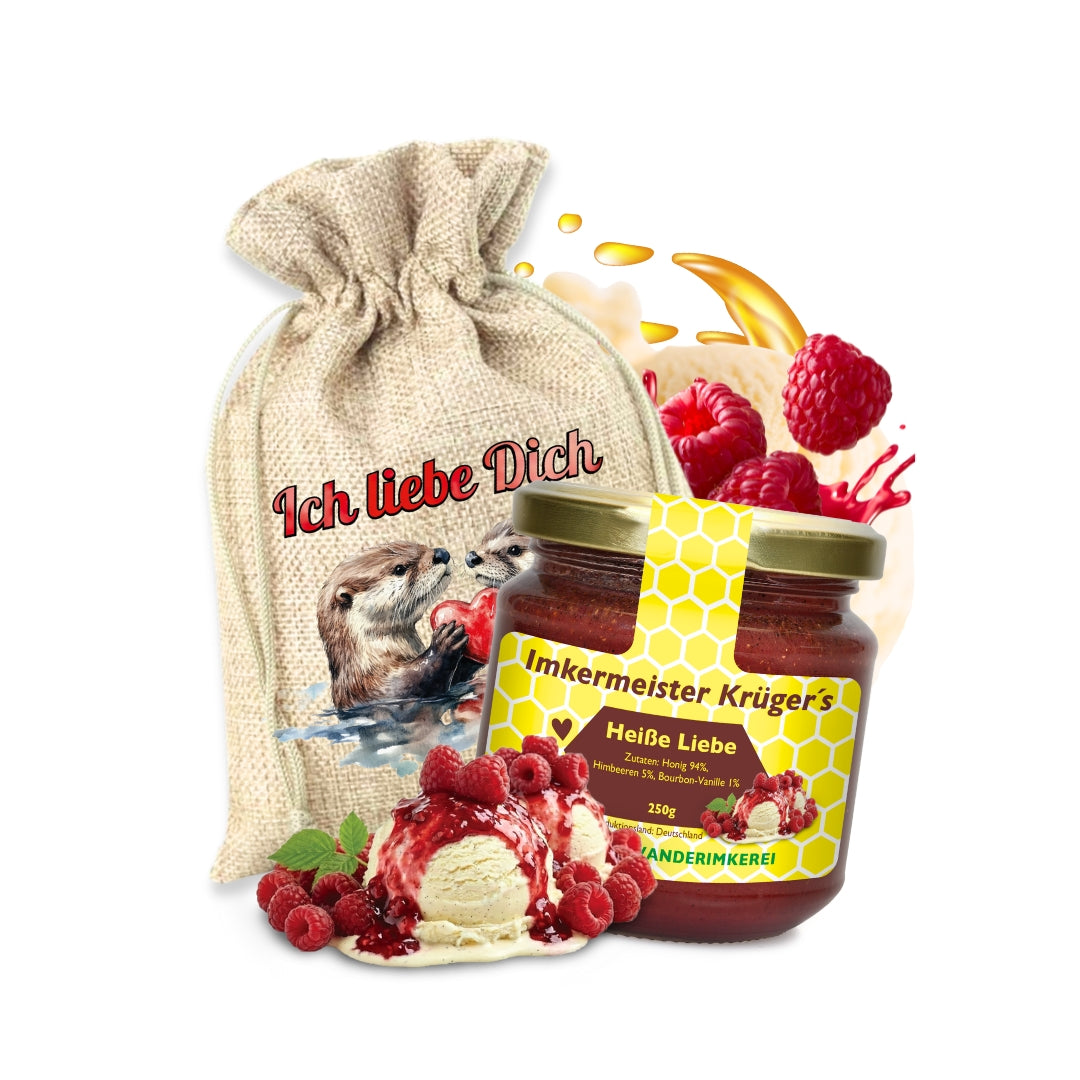 Heiße Liebe Honig Geschenke-Set von der  Allgäuer Wanderimkerei mit „Ich liebe dich“-Säckchen