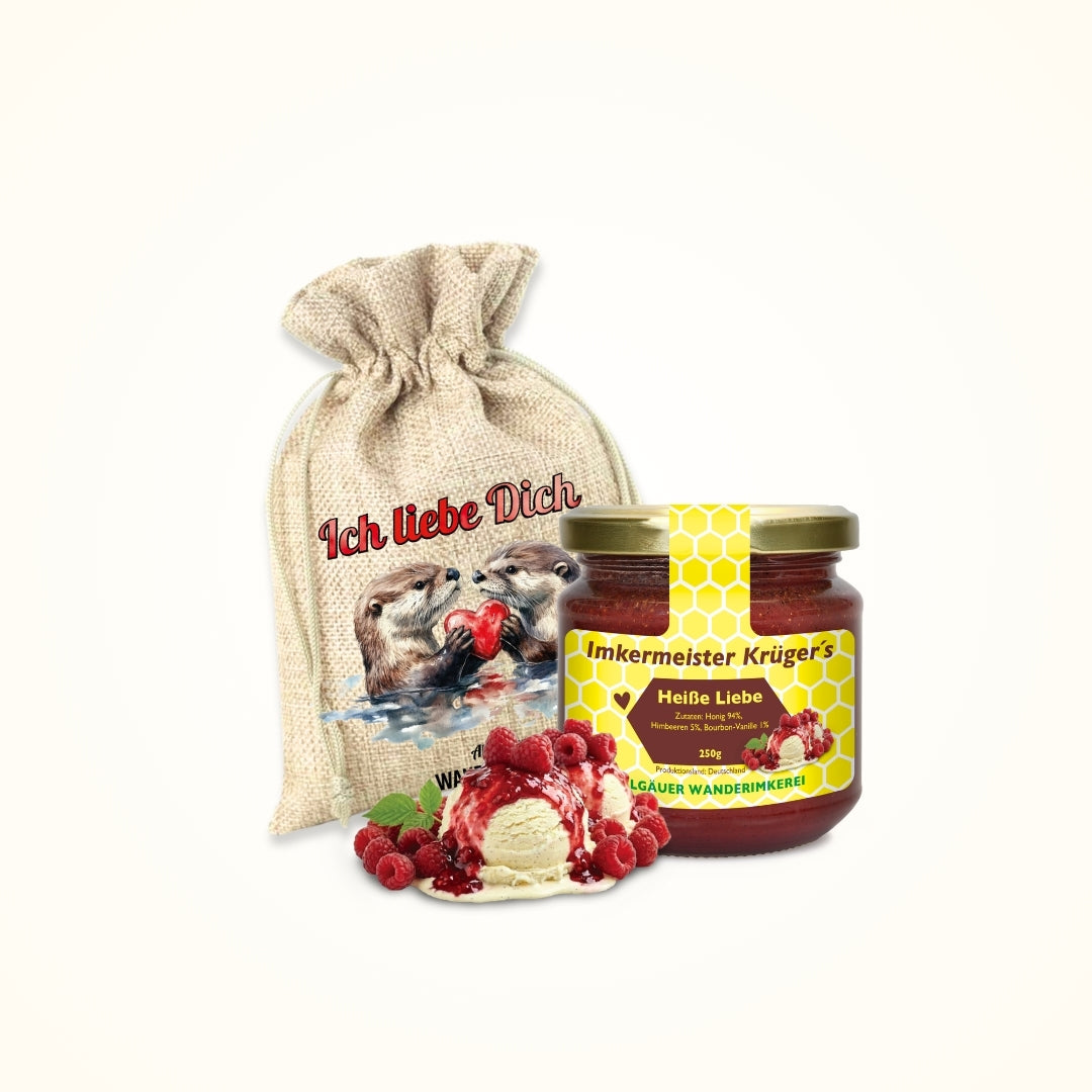 Heisse Liebe Honig mit Himbeeren und Bourbon-Vanille 250g im Geschenlsäckchen Ich liebe Dich von der Allgäuer Wanderimkerei