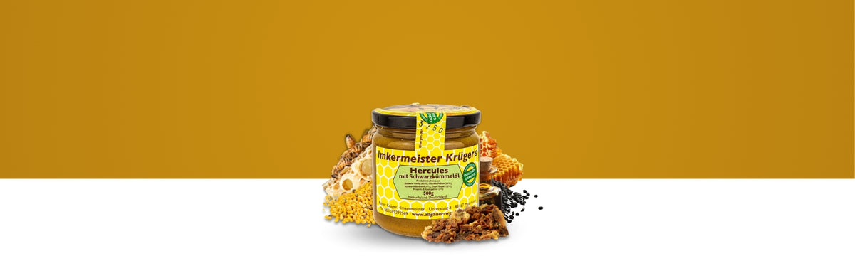 Hercules mit Schwarzkümmel-Öl 500g von der Allgäuer Wanderimkerei Banner