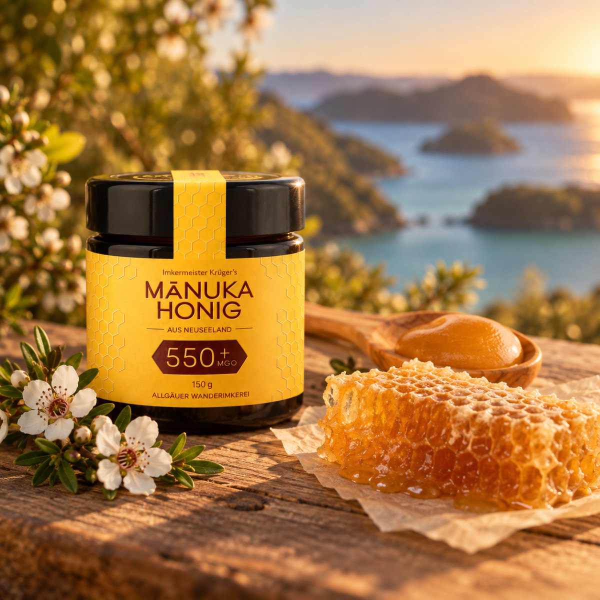 Imkermeister Krüger's Manuka-Honig 150g MGO 550+ aus Neuseeland von der Allgäuer Wanderimkerei – mit Manuka-Blüte