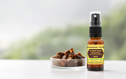 Propolis Spray alkoholfrei 20 ml mit Propolis vor hellem Hintergrund