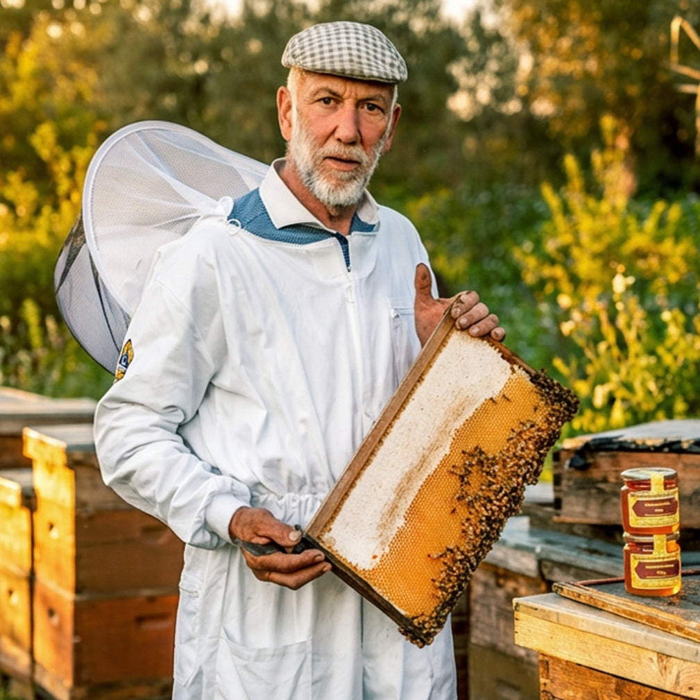 Imkermeister Rainer Krüger von der Allgäuer Wanderimkerei, Bienenkrüger bei den Bienen
