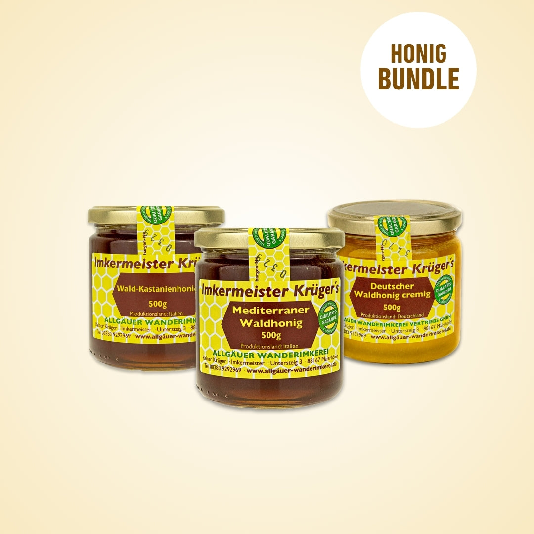 Seltenes Waldhonig-Bundle mit Wald-Kastanienhonig (500g), Mediterraner Waldhonig (500g), Deutscher Waldhonig cremig (500g)