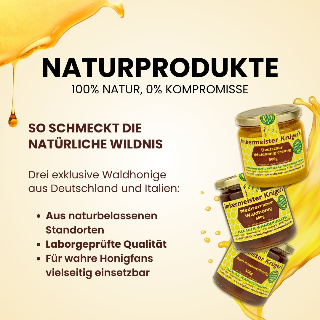 Seltenes Waldhonig-Bundle mit Wald-Kastanienhonig (500g), Mediterraner Waldhonig (500g), Deutscher Waldhonig cremig (500g)
