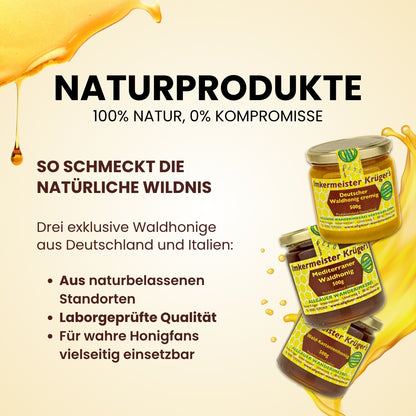Seltenes Waldhonig-Bundle mit Wald-Kastanienhonig (500g), Mediterraner Waldhonig (500g), Deutscher Waldhonig cremig (500g)