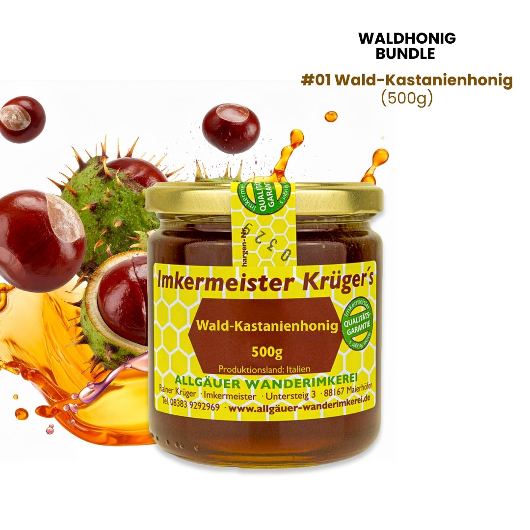 Seltenes Waldhonig-Bundle mit Wald-Kastanienhonig (500g), Mediterraner Waldhonig (500g), Deutscher Waldhonig cremig (500g)
