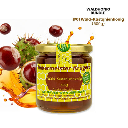 Seltenes Waldhonig-Bundle mit Wald-Kastanienhonig (500g), Mediterraner Waldhonig (500g), Deutscher Waldhonig cremig (500g)
